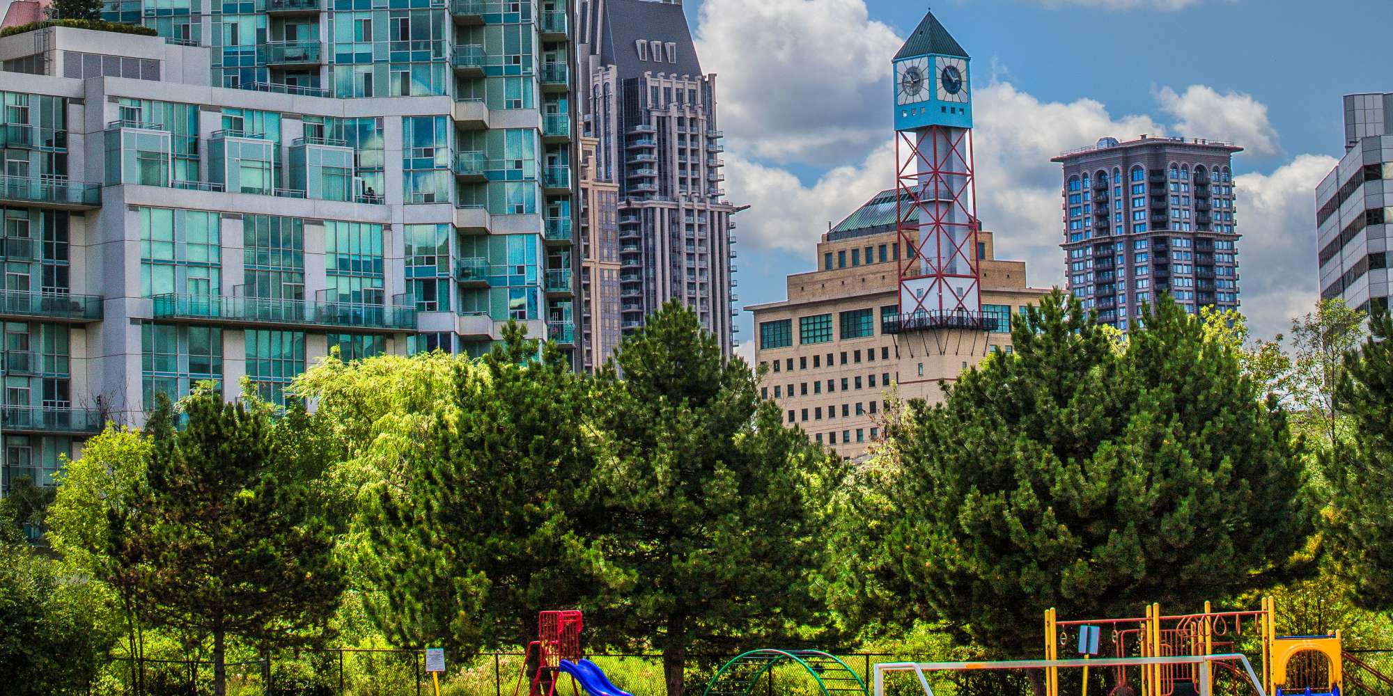 Modern condominium buildings near City Centre in Fairview Mississauga