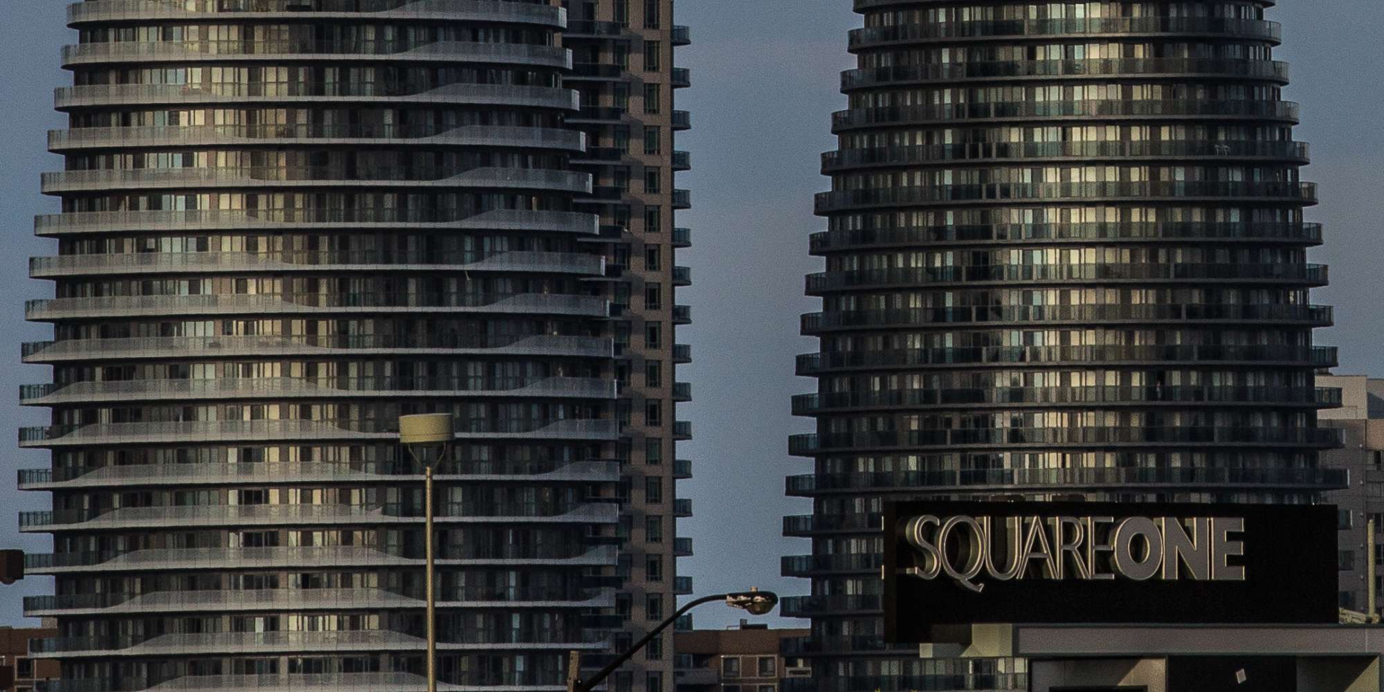 Condominium buildings with balconies in City Centre Mississauga