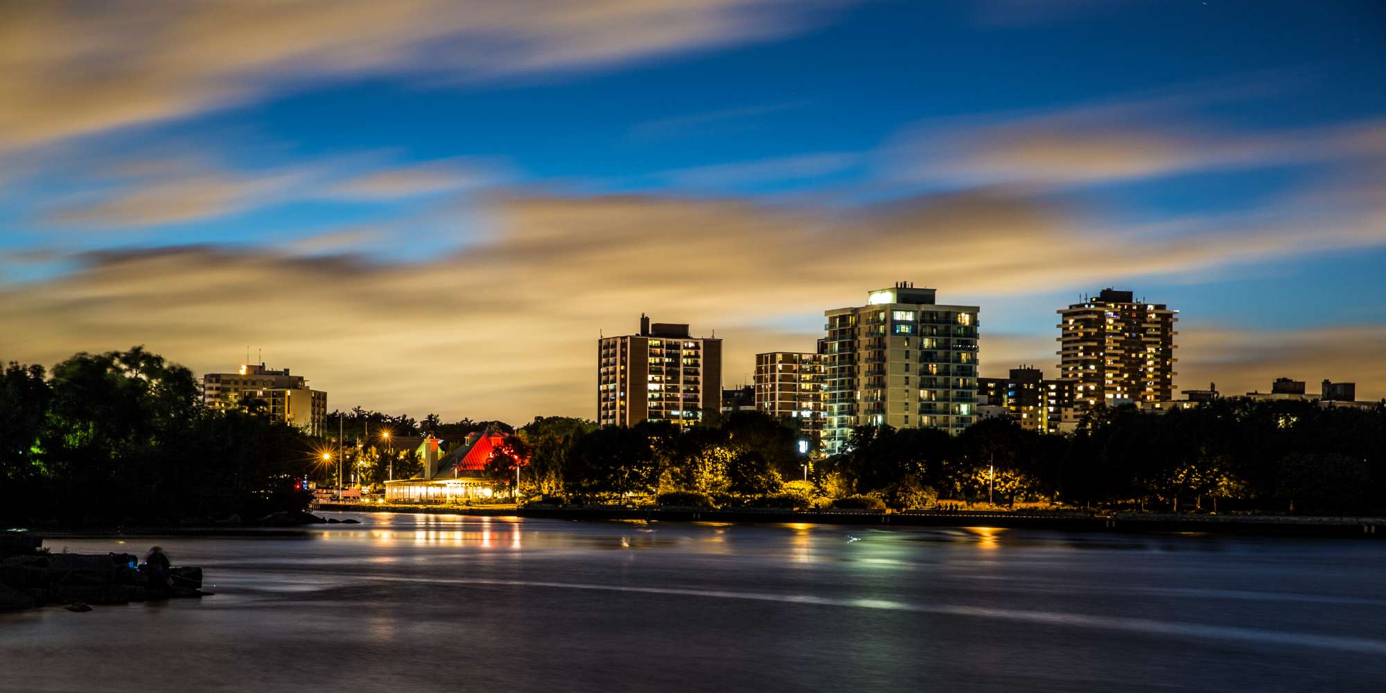 Port Credit waterfront skyline at night in Mississauga Ontario