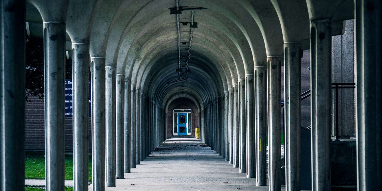 Arched hallway with historic architecture near Timberlea, Milton, Ontario