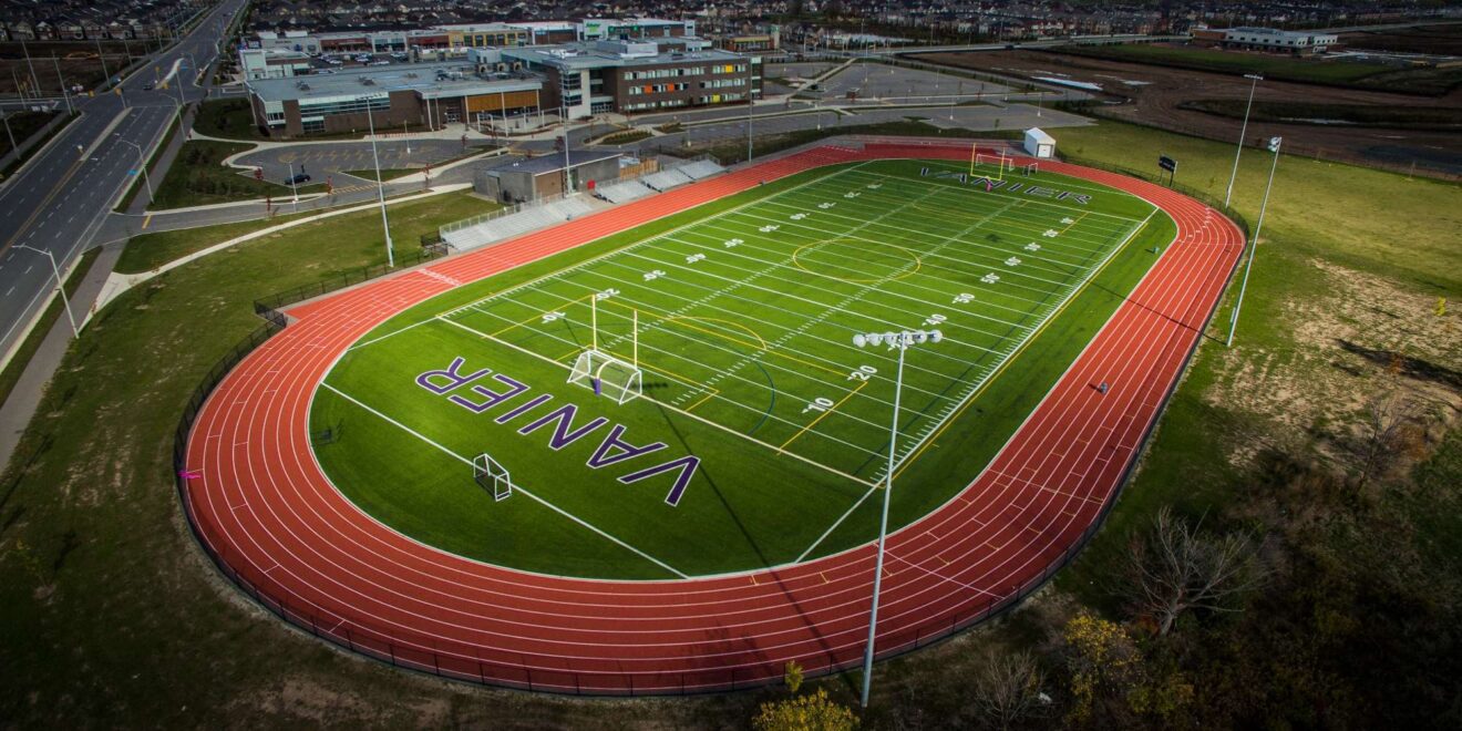 Aerial view of Milton Sports Centre track and facilities near the Ford neighbourhood, Milton